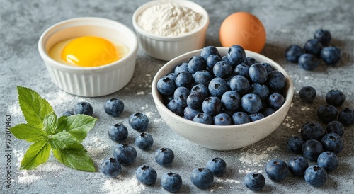 Fresh blueberries on a countertop with flour, egg, and mint leaves during a c...