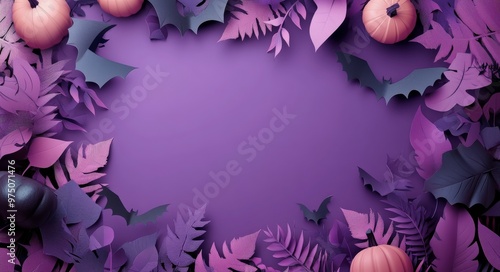 Colorful Halloween decorations with bats and pumpkins on a purple background ...