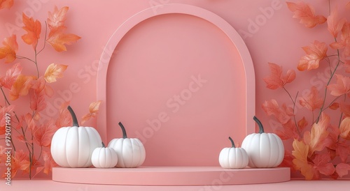 Autumn-inspired display featuring white pumpkins and colorful leaves on a sof...