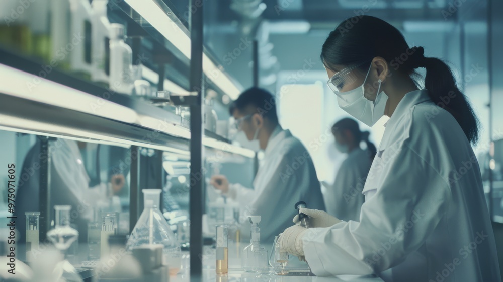 Scientists at a lab bench, dressed in white lab coats and face masks, engage in precise and focused experiments, emphasizing research and innovation. Scientists at a lab bench, dressed in white lab coats and face masks, engage in precise and focused experiments, emphasizing research and innovation.
