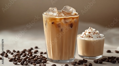 Iced coffee drink served in a glass with ice and coffee beans on a light surface photo