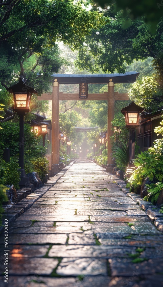 Serene Japanese shrine path with illuminated lanterns and traditional torii gate surrounded by lush green trees in tranquil forest setting Serene Japanese shrine path with illuminated lanterns and traditional torii gate surrounded by lush green trees in tranquil forest setting