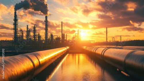 Pipeline and Pipe Rack at Petroleum Plant with Sunset. AI generated illustration photo