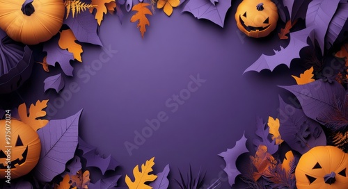 Colorful Halloween decorations with bats and pumpkins on a purple background ...