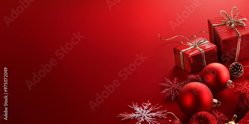 Red Christmas gifts with ornaments and snowflakes on a minimalist festive background