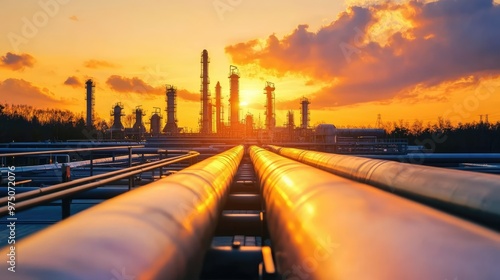 Pipeline and Pipe Rack at Petroleum Plant with Sunset. AI generated illustration photo