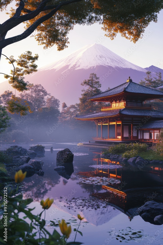 Obraz premium Serene Japanese temple pathway illuminated at night with majestic Mount Fuji towering in the background, capturing the essence of traditional Japanese architecture and natural beauty