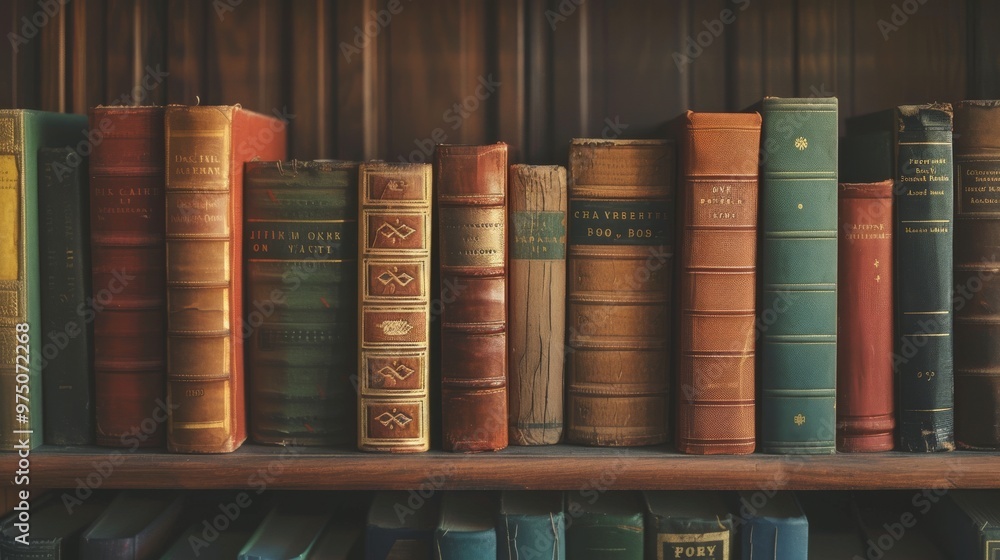 Naklejka premium A row of vintage books neatly arranged on a wooden bookshelf, each with worn-out spines and rich textures, evoking a sense of history and knowledge.