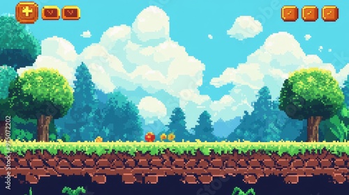 Pixel Art Game Background with Level Up Button. AI generated illustration photo