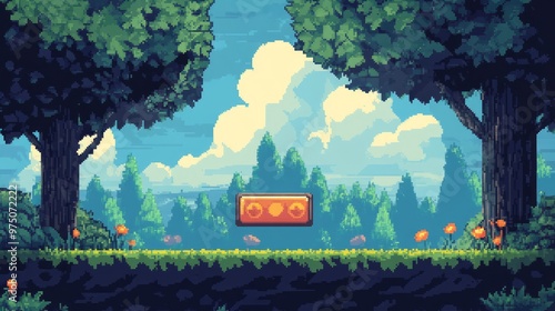 Pixel Art Game Background with Level Up Button. AI generated illustration photo