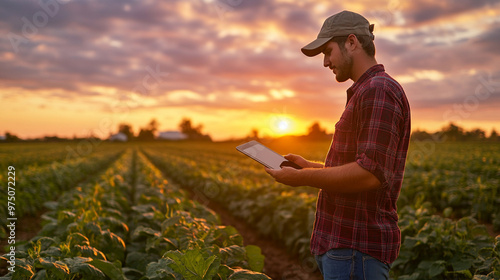 Tecnologia na campo. Produtor rural usando tablet na lavoura