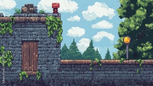 Pixel Art Game Background with Level Up Button. AI generated illustration photo