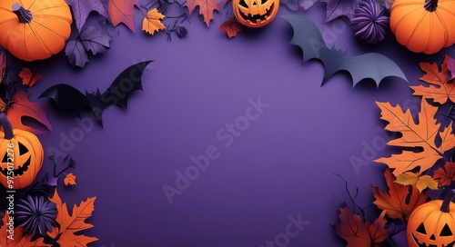 Colorful Halloween decorations with bats and pumpkins on a purple background ...