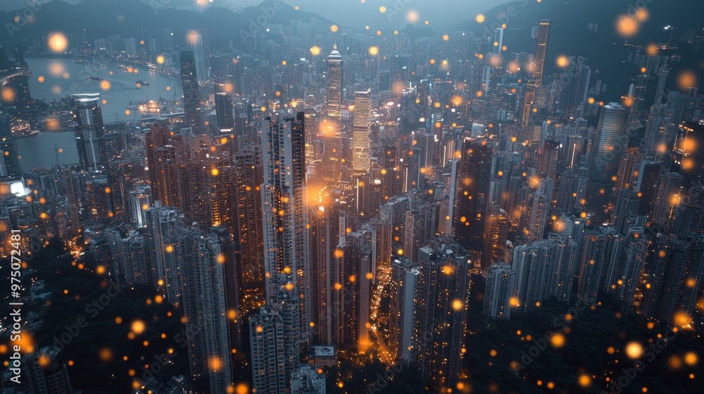 Fototapeta premium Vibrant Nighttime Cityscape Illuminated by Shimmering Skyscrapers and Luminous Metropolis Skyline