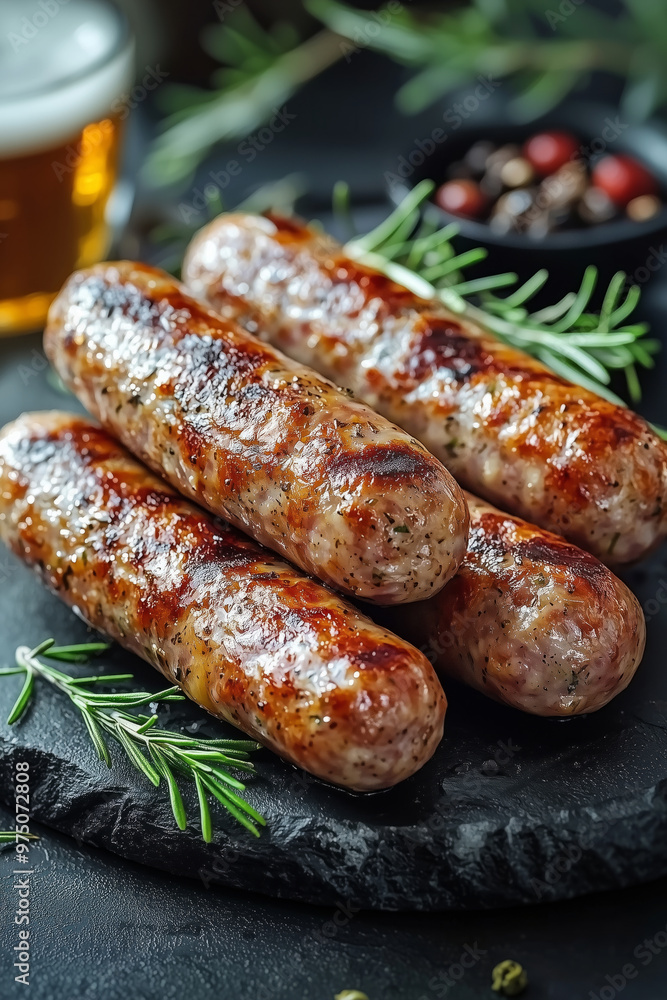 Grilled sausages on slate with rosemary and beer. Ideal for culinary presentations, gourmet BBQ and Oktoberfest celebrations. Grilled sausages on slate with rosemary and beer. Ideal for culinary presentations, gourmet BBQ and Oktoberfest celebrations.
