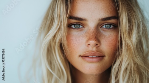 A young blonde woman with striking blue eyes and freckles gazes confidently at the camera, capturing a serene sense of beauty and youth. Vibrant and enchanting portrait.