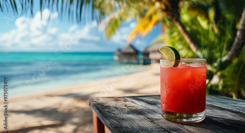 Refreshing tropical drink on a wooden table by the beach under bright sunny s...