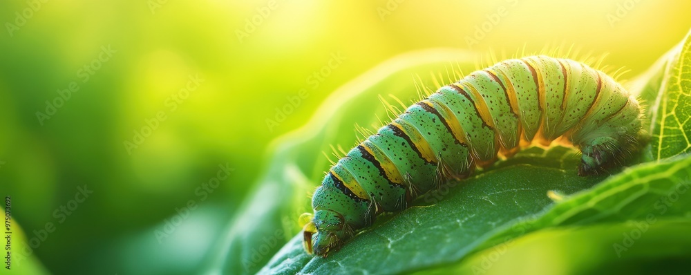 Naklejka premium Macro shot of a caterpillar inching towards a leaf edge in a green environment, showcasing nature's detail and progression.