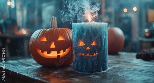 Spooky Halloween decorations featuring glowing pumpkins and a blue candle wit...