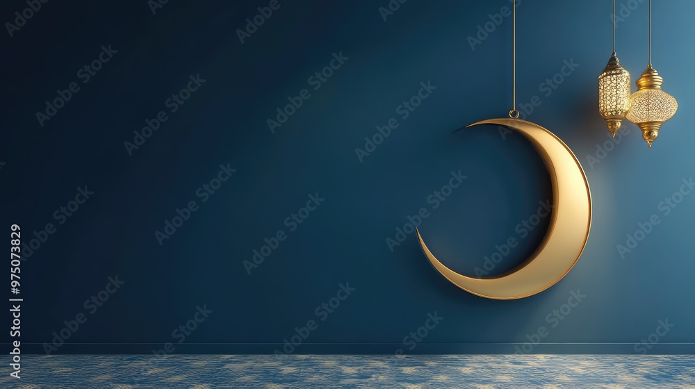 Ramadan Crescent on Modern Blue Wall. AI generated illustration Ramadan Crescent on Modern Blue Wall. AI generated illustration