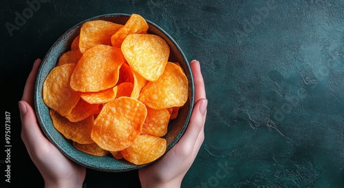 Crispy potato chips held in hands against a dark textured background in a coz...