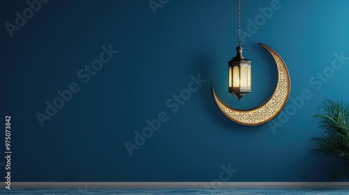 Ramadan Crescent on Modern Blue Wall. AI generated illustration photo