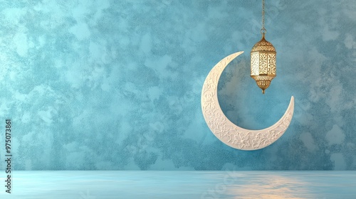 Ramadan Crescent on Modern Blue Wall. AI generated illustration photo