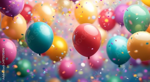 Colorful balloons float among vibrant confetti during a festive celebration