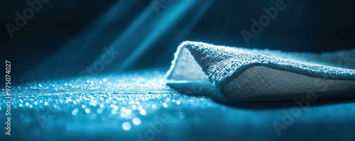 Close-up of disinfectant wipe being applied to a surface by a gloved hand for cleanliness and hygiene maintenance photo