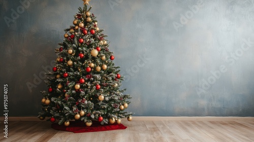 Cozy holiday scene with a decorated Christmas tree in red and gold ornaments