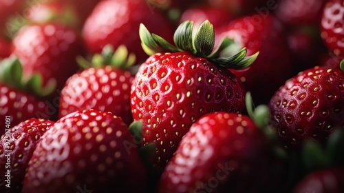 Image of freshly harvested strawberries shot in natural light, highlighting their shiny surface and fresh green leaves, symbolizing the freshness and organic quality. photo