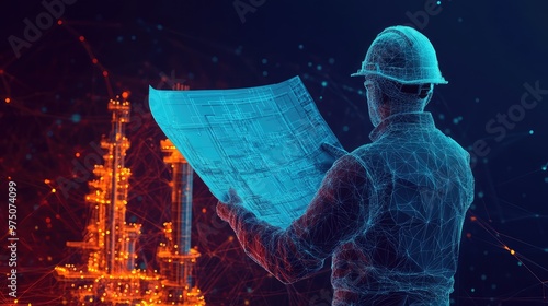 Engineer with Blueprint at Gas Drilling. AI generated illustration photo