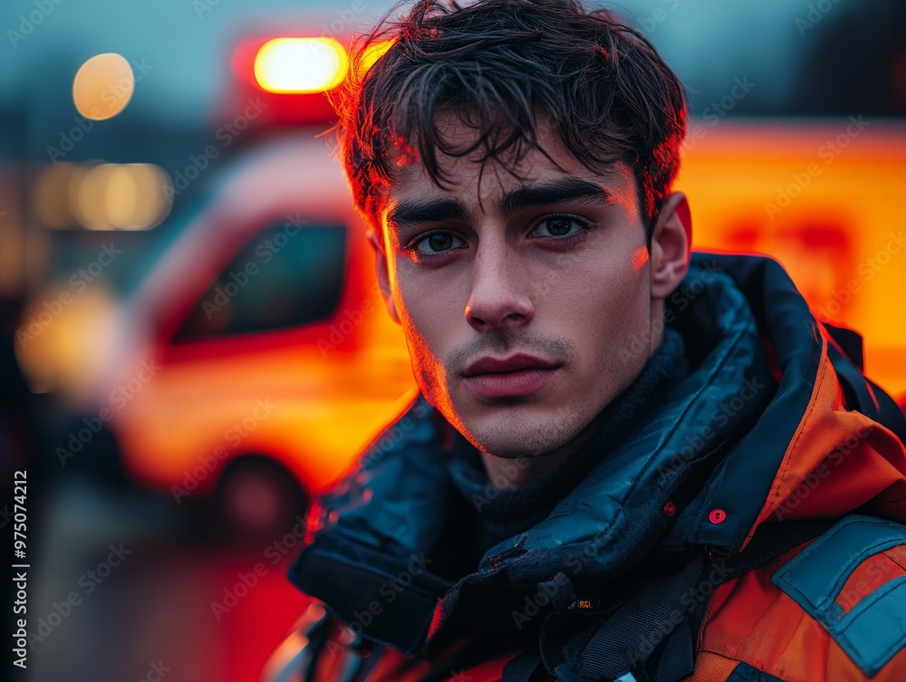 A young firefighter, illuminated by emergency lights, is captured focused on his duty, reflecting determination and commitment amid an urgent atmosphere. A young firefighter, illuminated by emergency lights, is captured focused on his duty, reflecting determination and commitment amid an urgent atmosphere.
