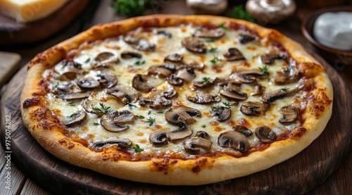Delicious mushroom pizza topped with herbs on a wooden kitchen table