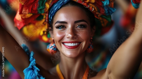 A joyous woman dances energetically in vibrant, traditional festival attire, radiating happiness and cultural exuberance in a festive atmosphere. photo