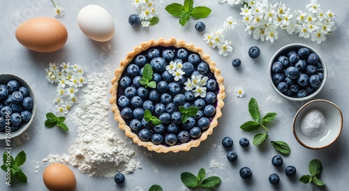 Fresh blueberry tart preparation on a white surface with eggs and mint leaves
