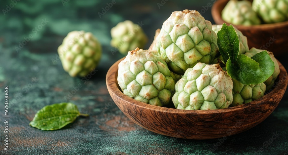 Fototapeta premium Fresh cherimoyas in wooden bowls on a textured green surface with leaves nearby