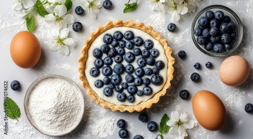 Fresh blueberry tart preparation on a white surface with eggs and mint leaves