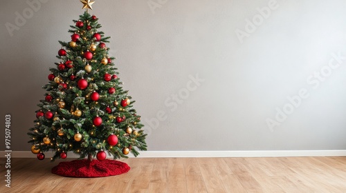 Cozy holiday scene with a decorated Christmas tree in red and gold ornaments