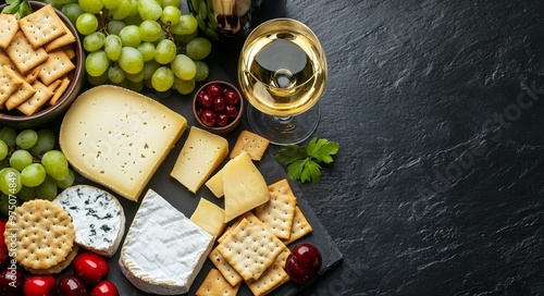 A delightful spread of cheese, crackers, grapes, and wine for an elegant even...