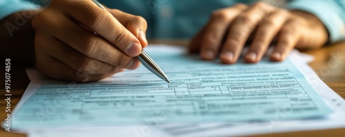 Close-up of a man's hand filling out a tax form, showcasing precision and detail with a silver pen on financial documents