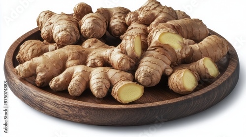 Fresh ginger roots displayed on a ceramic plate, showcasing their unique text...