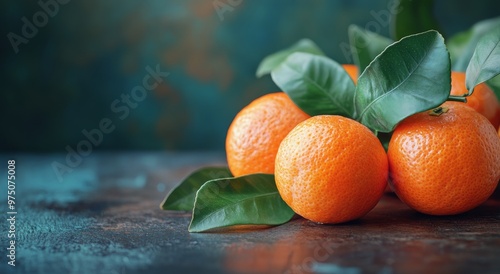 Fresh oranges with green leaves arranged on a rustic wooden surface in natura...
