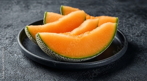 Freshly sliced cantaloupe served on a dark plate ready for summer snacking at...