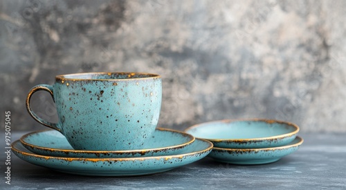Beautiful turquoise ceramic cup and plates set arranged neatly on textured ba...