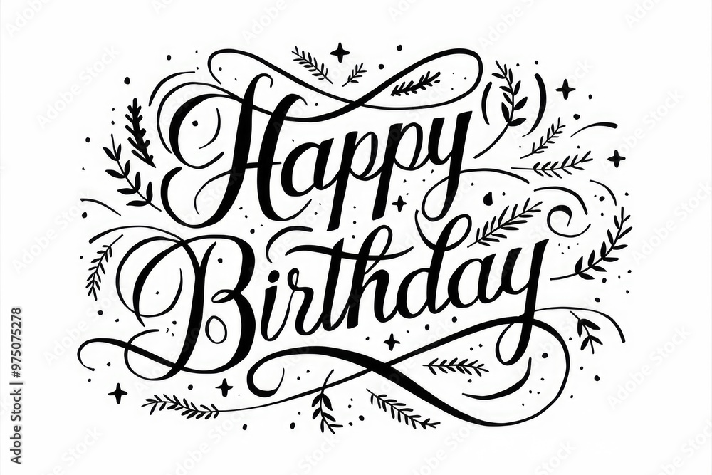 A handdrawn calligraphy design that says Happy Birthday with floral embellishments. A handdrawn calligraphy design that says Happy Birthday with floral embellishments.