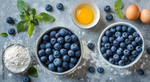 Fresh blueberries on a countertop with flour, egg, and mint leaves during a c...