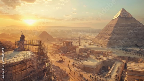 At sunset, workers toil away, constructing monumental pyramids in the heart of ancient Egypt, bathed in a warm, orange glow.