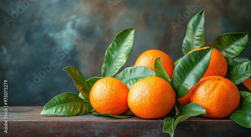 Fresh oranges with green leaves arranged on a rustic wooden surface in natura...