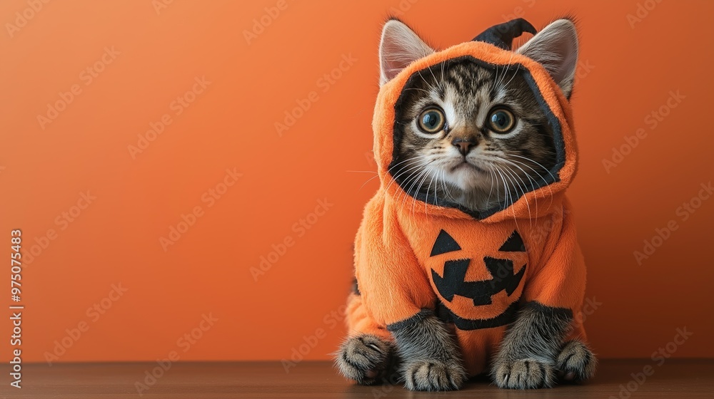 Funny Cat wearing Pumpkin Halloween costume isolated on background with copy space area Funny Cat wearing Pumpkin Halloween costume isolated on background with copy space area